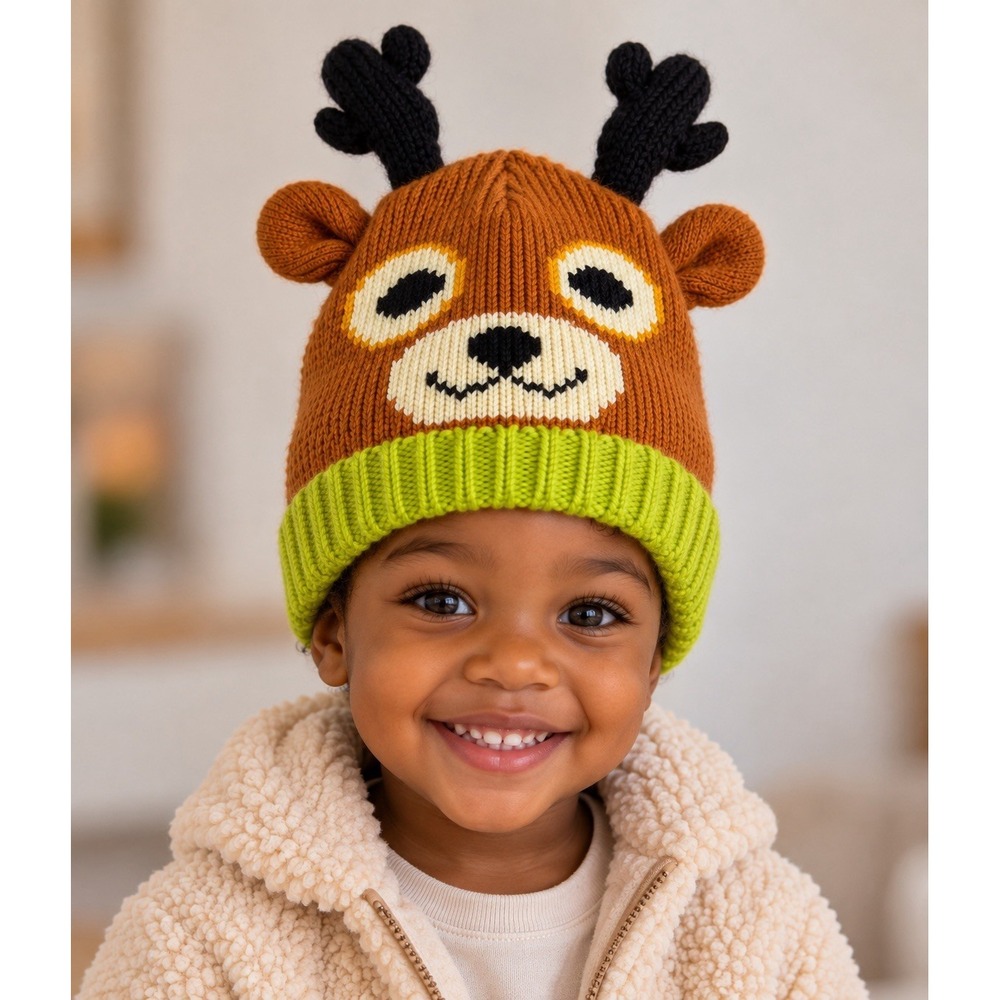 Creatology Toddler Kids Reindeer Knit Beanie Hat OS Brown Antlers Christmas